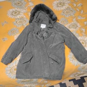 Larry Levine Gray Hooded Suede Puffer Jacket with Faux Fur Trim